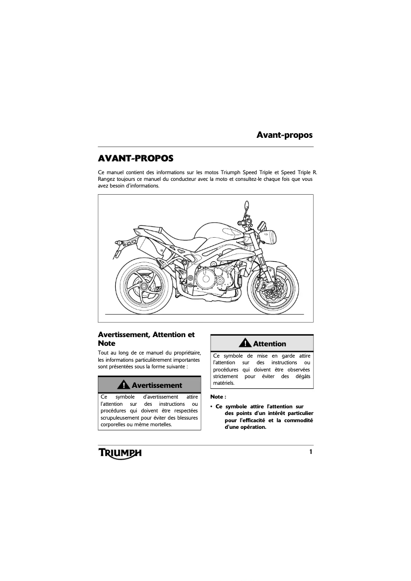 Imagen de la primera página del manual del dispositivo Speed Triple SE (2013)