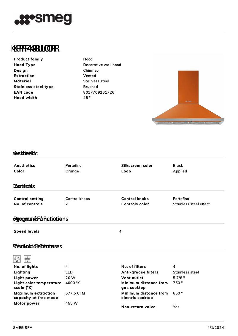 Página 1 del manual Ficha técnica Smeg KPF48UOR