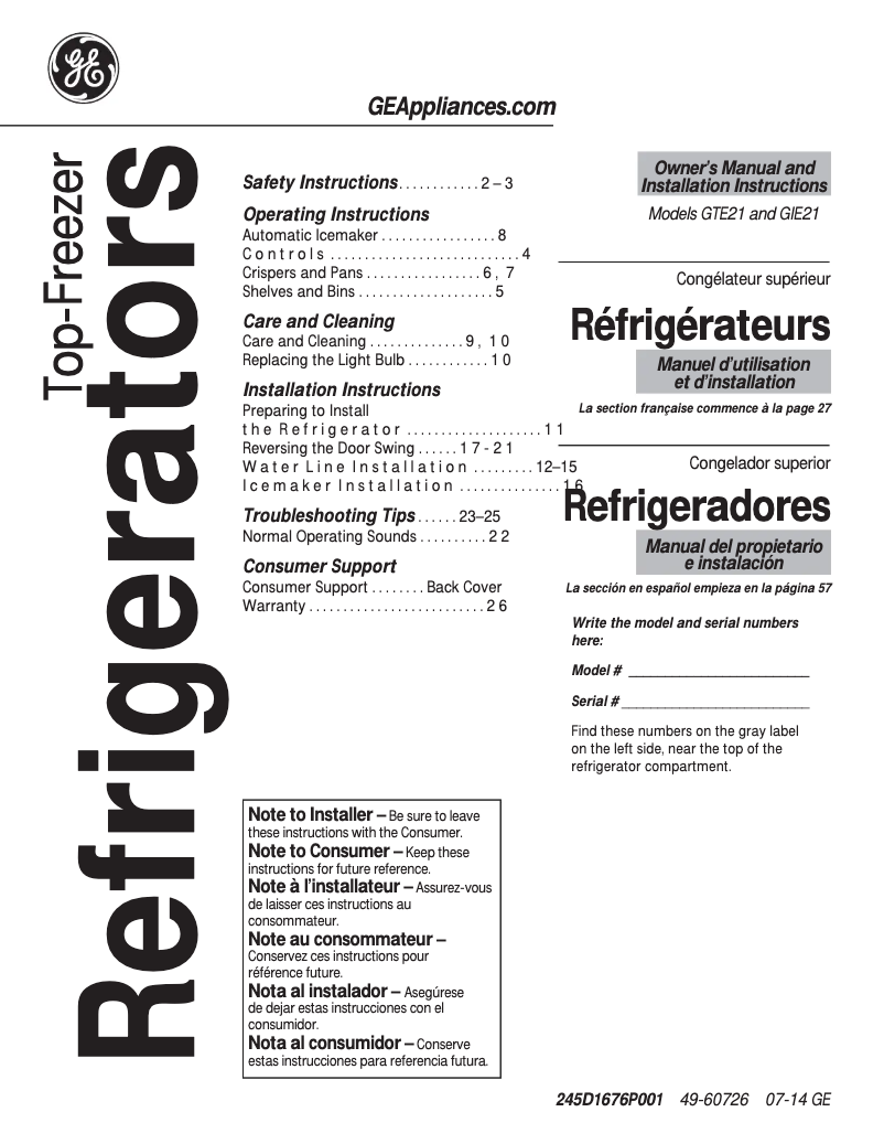 Página 1 del manual Manual de usuario GE GTE21GTHWW
