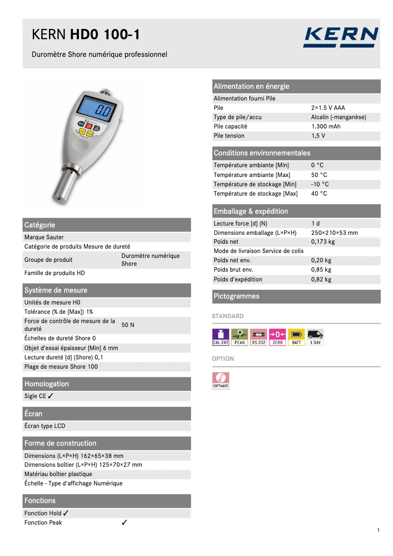 Página 1 del manual Ficha técnica Kern HD0 100-1
