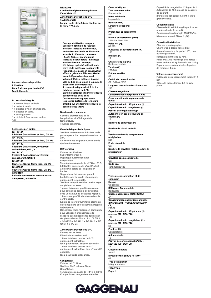 Página 1 del manual Ficha técnica Gaggenau RB289203