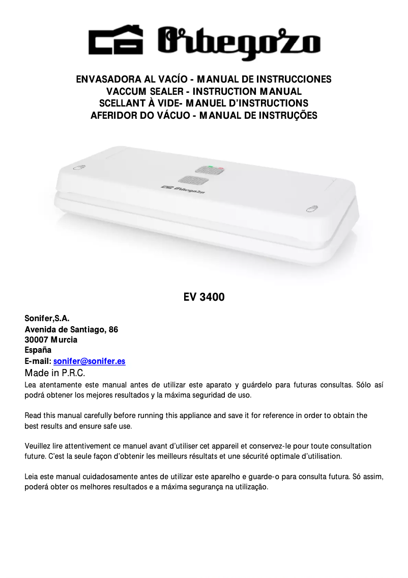 Página 1 del manual Manual de usuario Orbegozo EV 3400