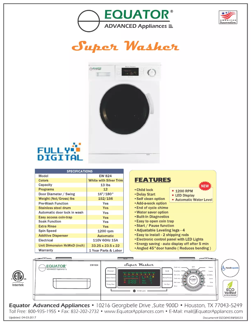 Página nº 1 - Ficha técnica Equator EW824NED850