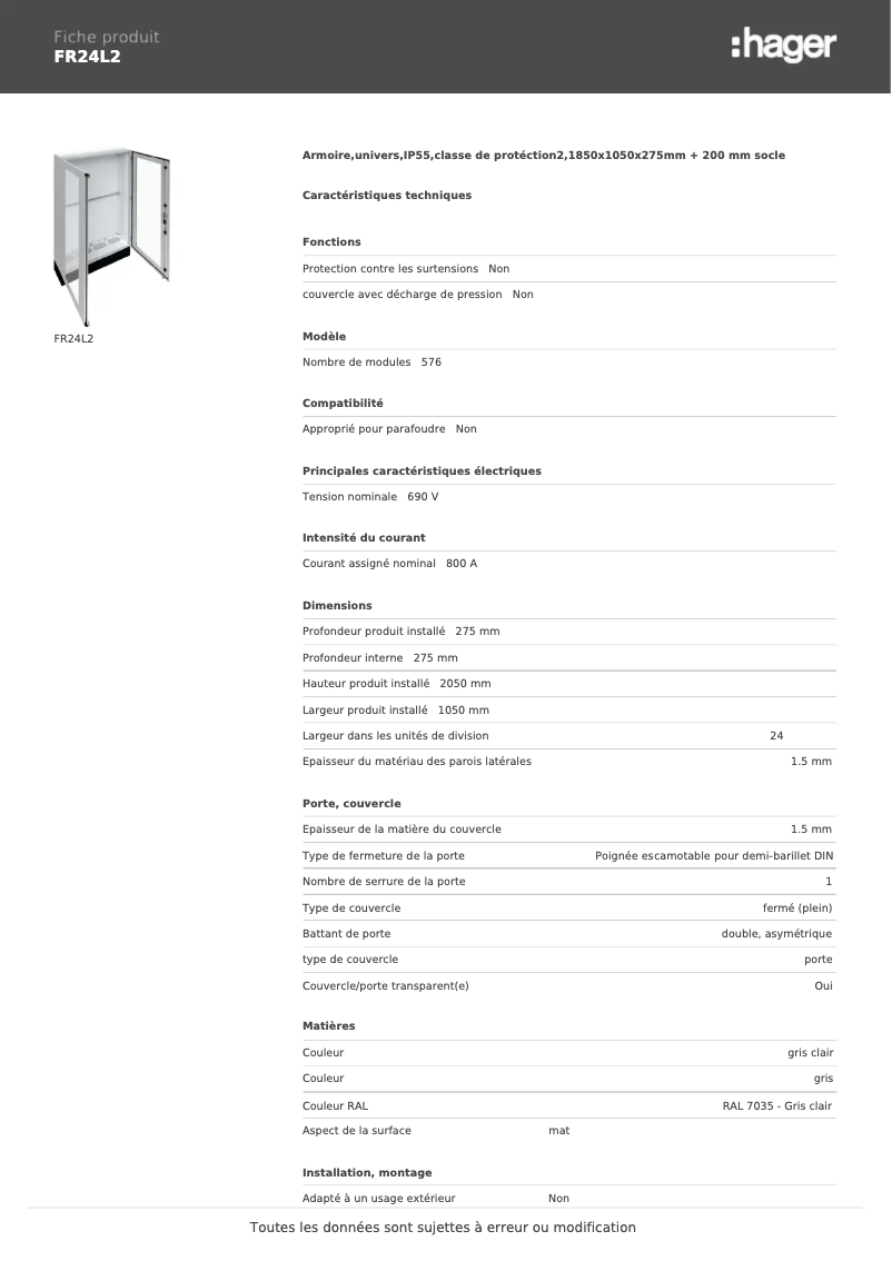Página 1 del manual Ficha técnica Hager FR24L2