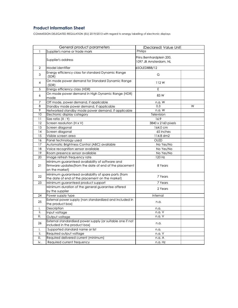 Página 1 del manual Ficha técnica Philips 65OLED888