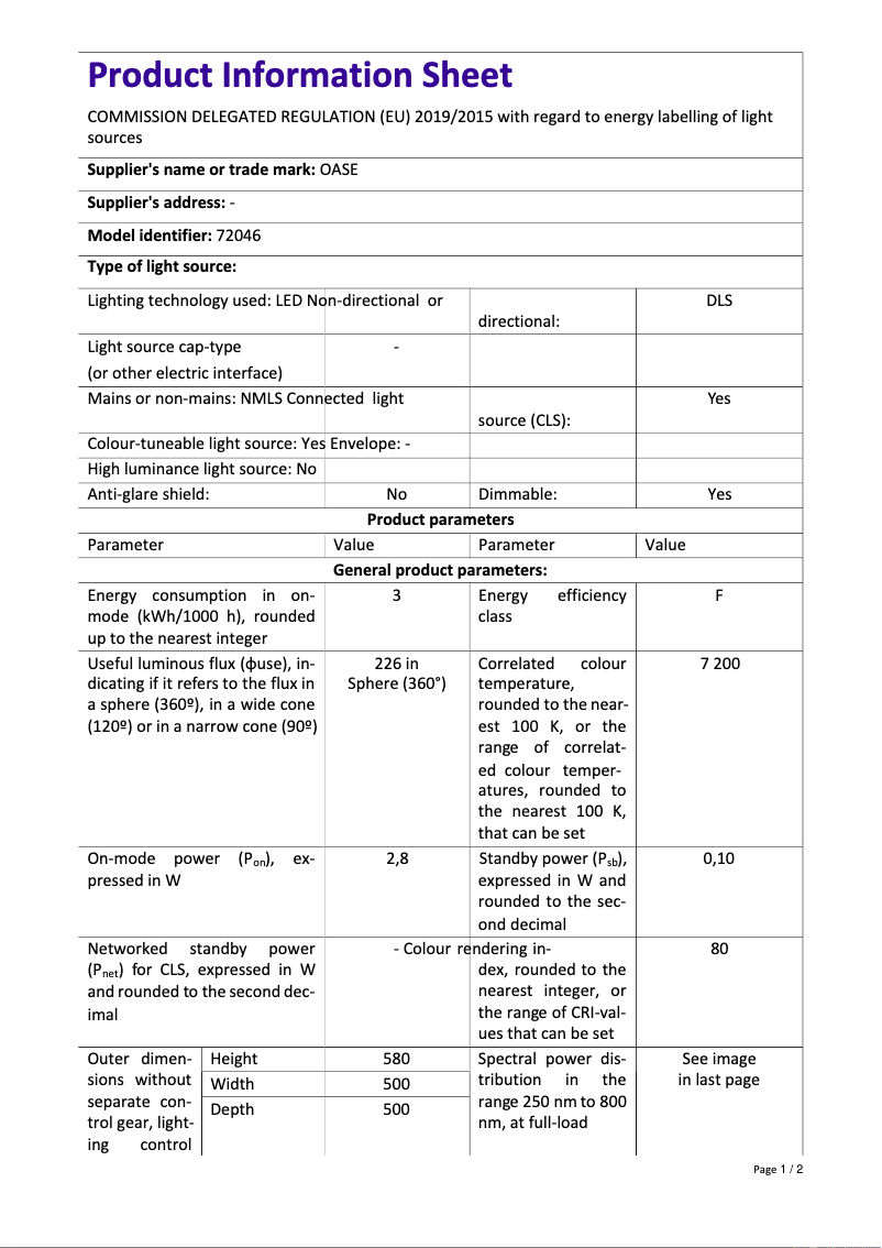 Página 1 del manual Ficha técnica Oase biOrb HALO 60