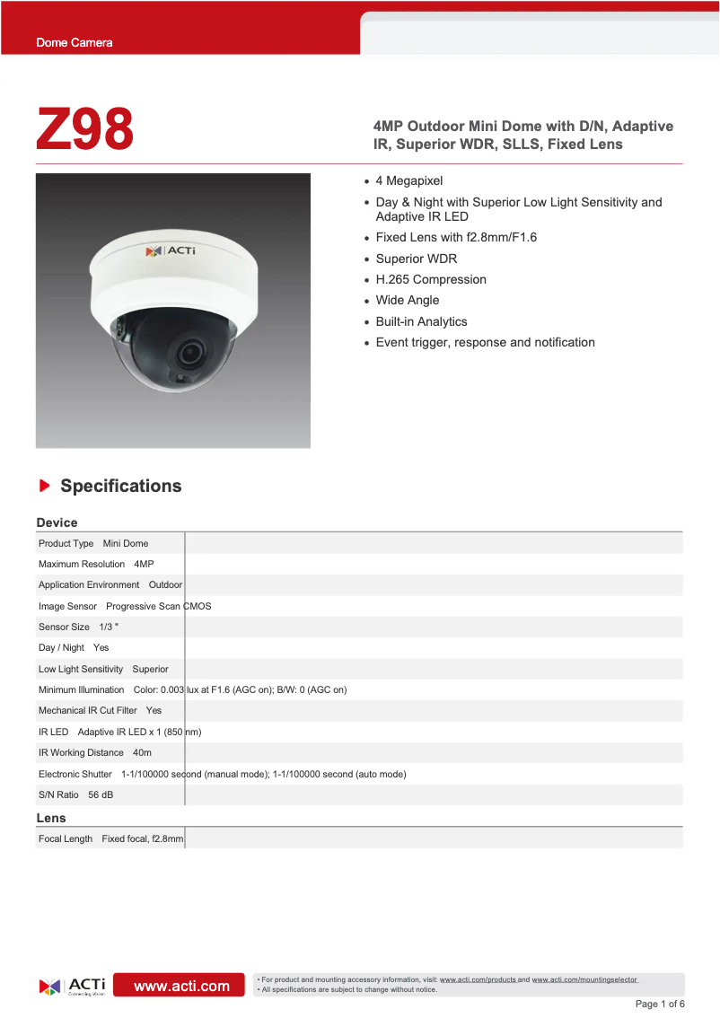 Página 1 del manual Ficha técnica ACTi Z98