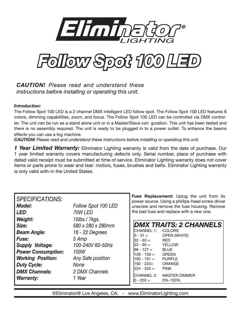 Página 1 del manual Manual de usuario Eliminator Lighting Follow Spot 100 LED