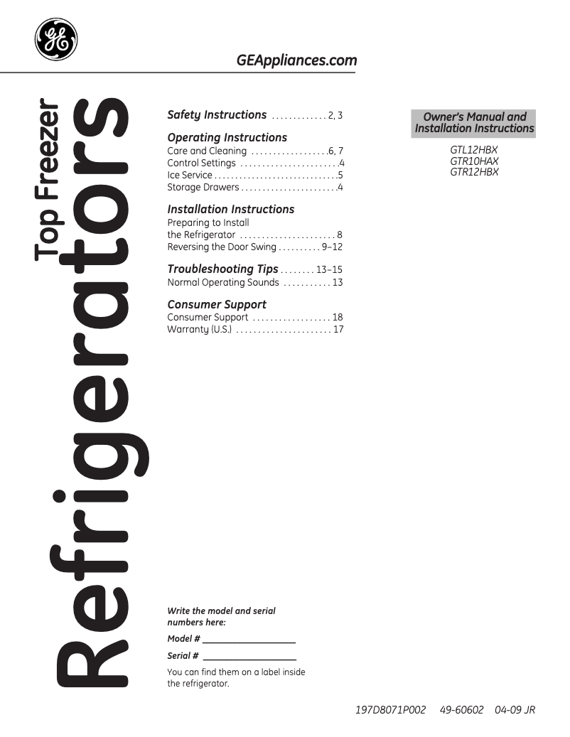 Imagen de la primera página del manual del dispositivo GTR12HAXRWW