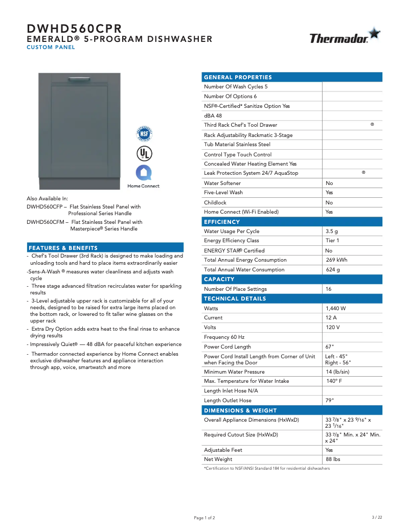 Página 1 del manual Ficha técnica Thermador DWHD560CPR