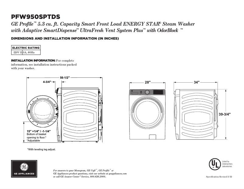 Página 1 del manual Ficha técnica GE PFW950SPTDS