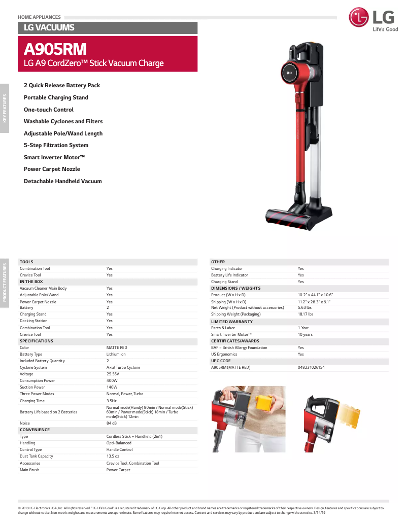 Página 1 del manual Ficha técnica LG A905RM
