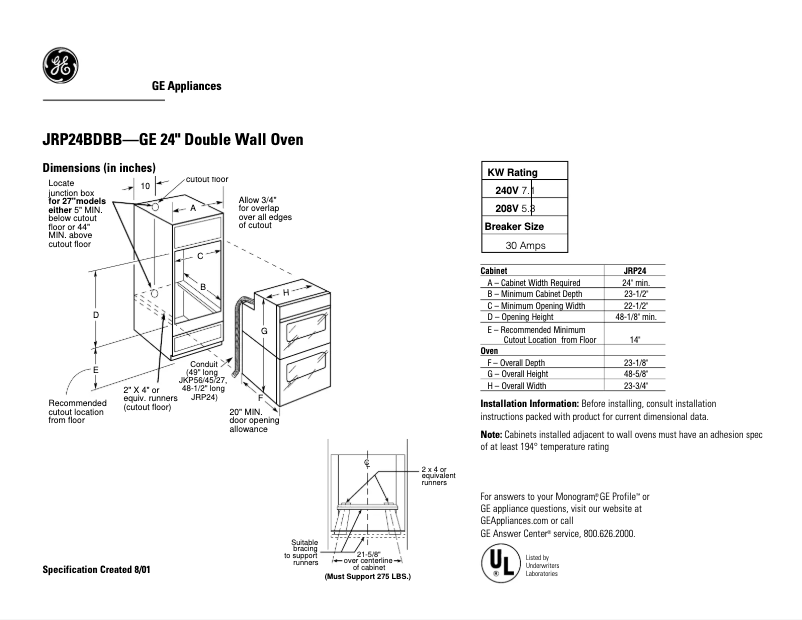 Página 1 del manual Ficha técnica GE JRP24BDBB