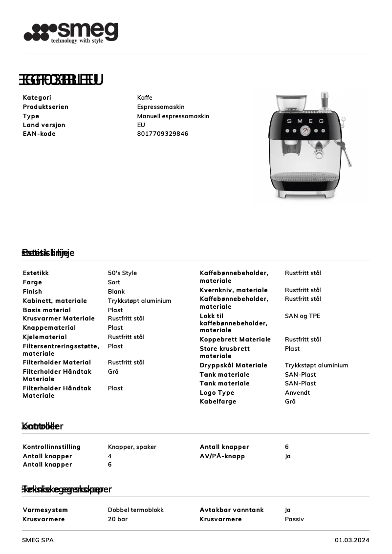 Página 1 del manual Ficha técnica Smeg EGF03