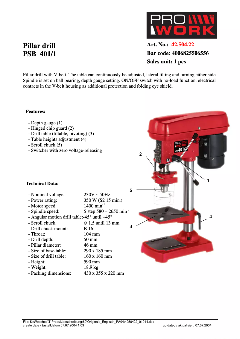 Página 1 del manual Ficha técnica Prowork PSB 401/1