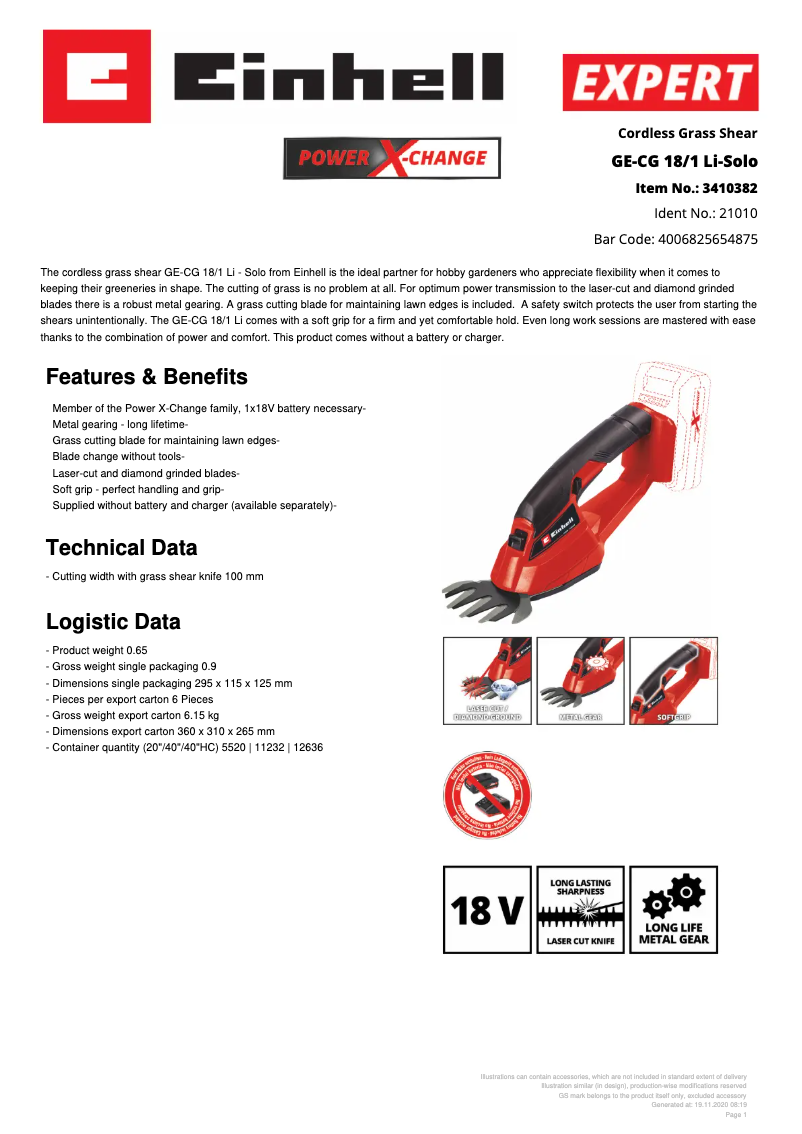 Página 1 del manual Ficha técnica Einhell GE-CG 18/1 Li-Solo