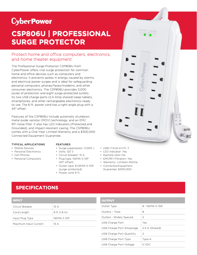 Página 1 del manual Ficha técnica CyberPower CSP806U