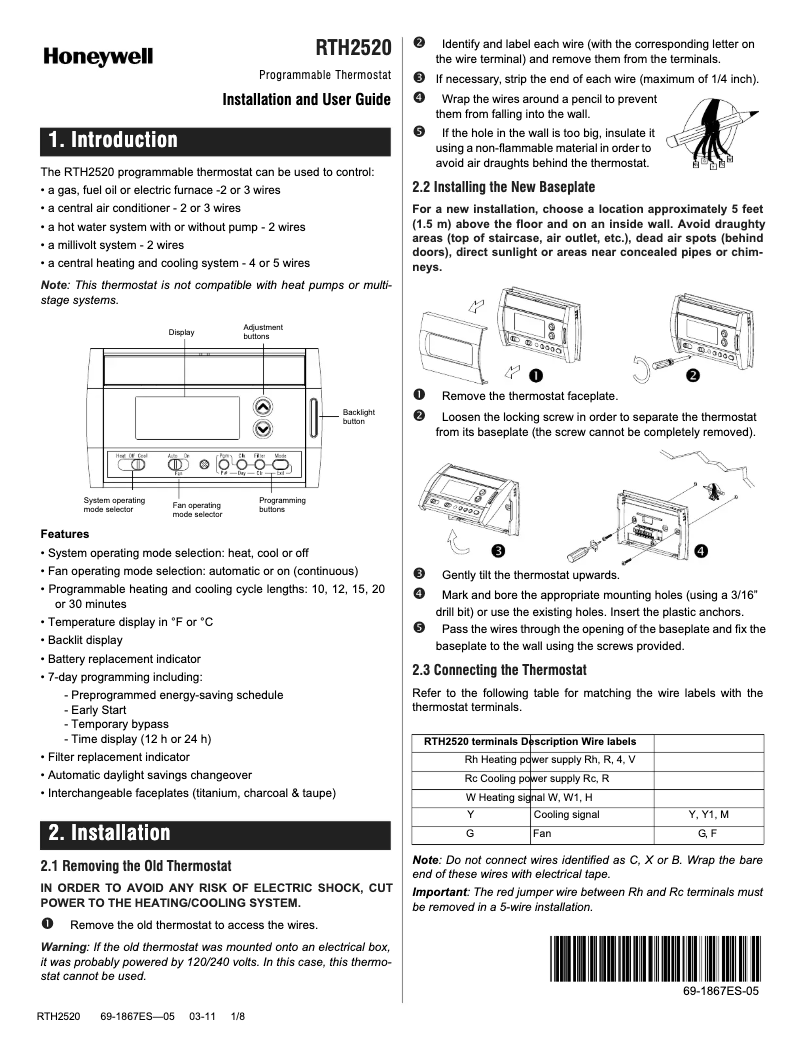 Página nº 1 - Manual de usuario Honeywell RTH2520B