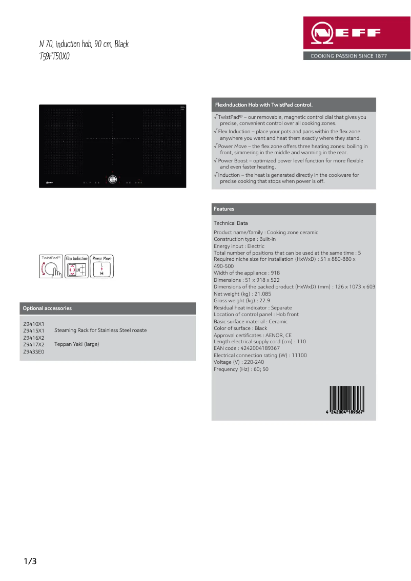 Página 1 del manual Ficha técnica Neff T59FT50X0