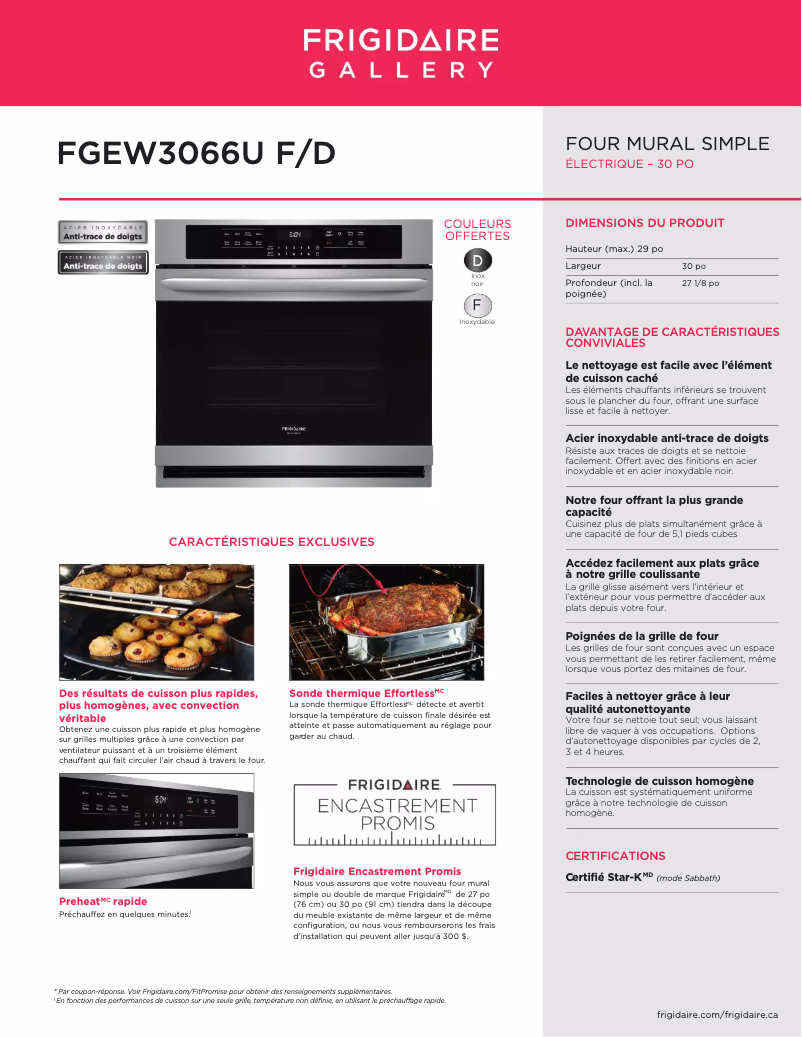 Página 1 del manual Ficha técnica Frigidaire FGEW3066UF