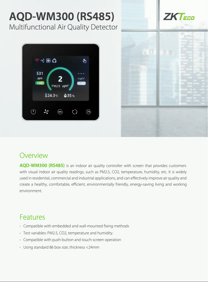 Página 1 del manual Ficha técnica ZKTeco AQD-WM300 (RS485)