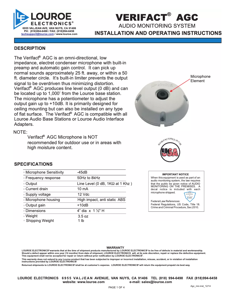 Imagen de la primera página del manual del dispositivo Verifact AGC