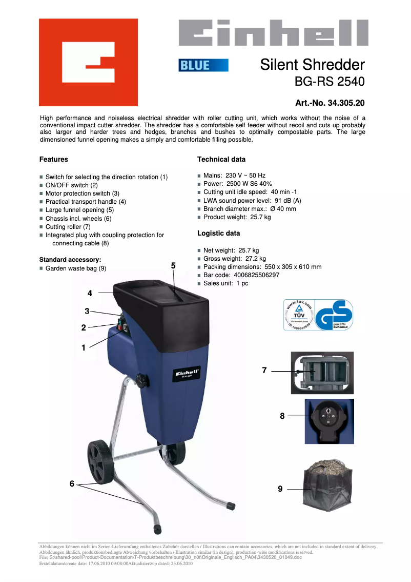 Página 1 del manual Ficha técnica Einhell BG-RS 2540