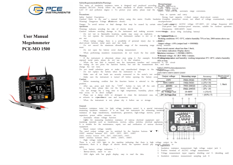 Imagen de la primera página del manual del dispositivo PCE-MO 1500