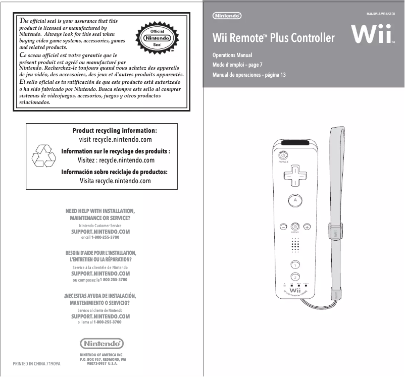 Imagen de la primera página del manual del dispositivo Wii Remote plus controller