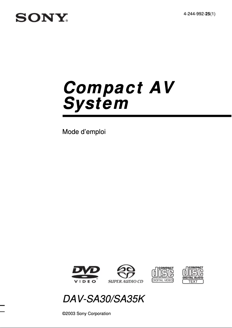 Imagen de la primera página del manual del dispositivo DAV-SA35K