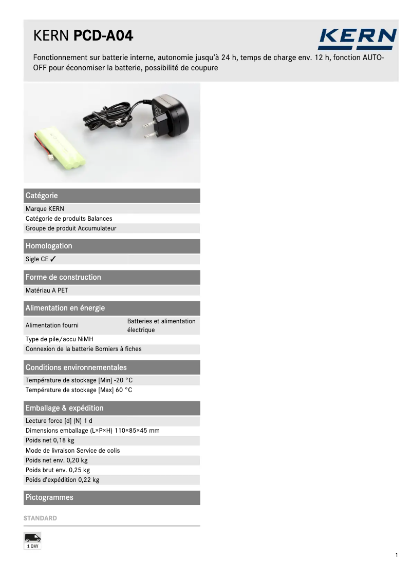 Página 1 del manual Ficha técnica Kern PCD-A04