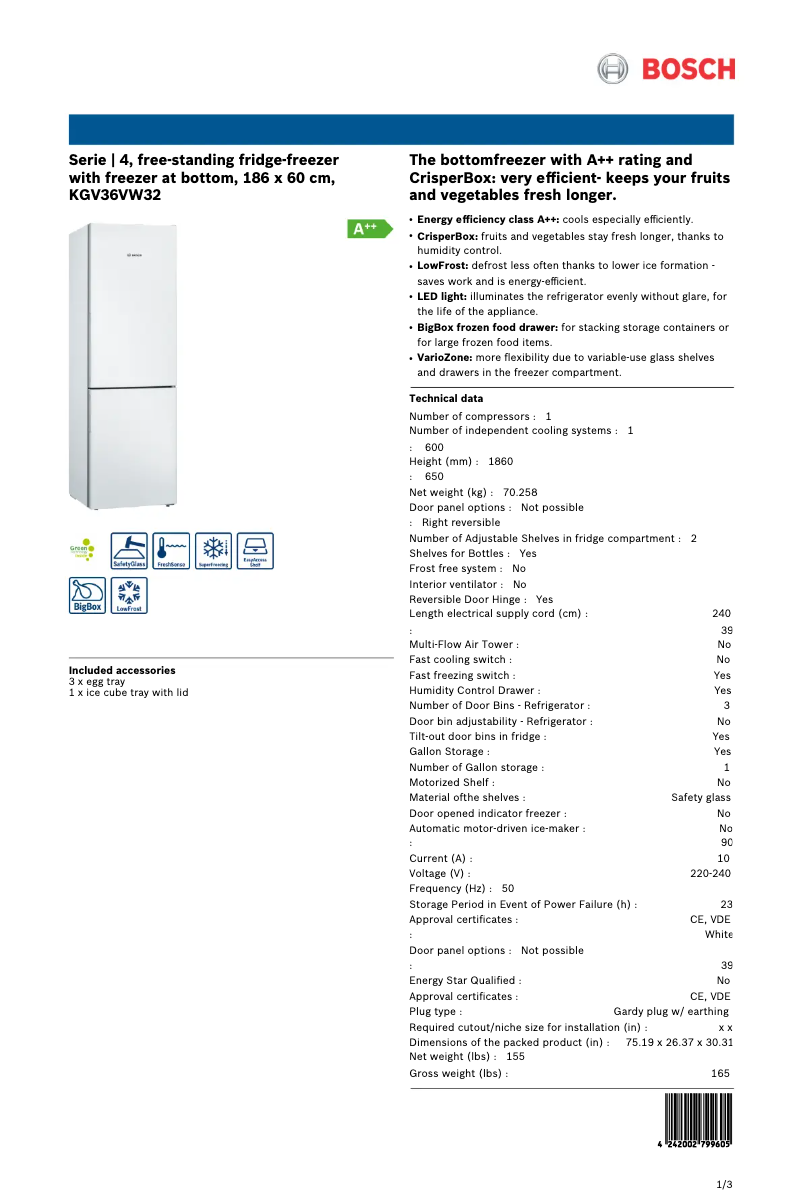 Página nº 1 - Ficha técnica Bosch KGV36VW32