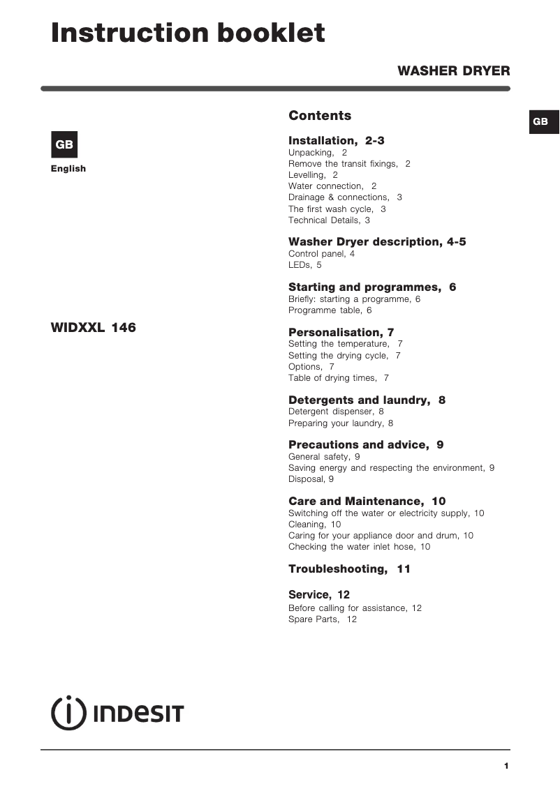 Página 1 del manual Manual de usuario Indesit WIDXXL 146 (EU)