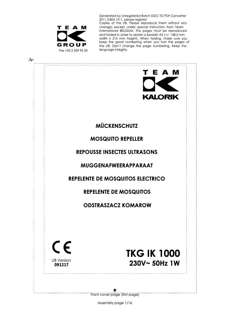 Imagen de la primera página del manual del dispositivo TKG IK 1000