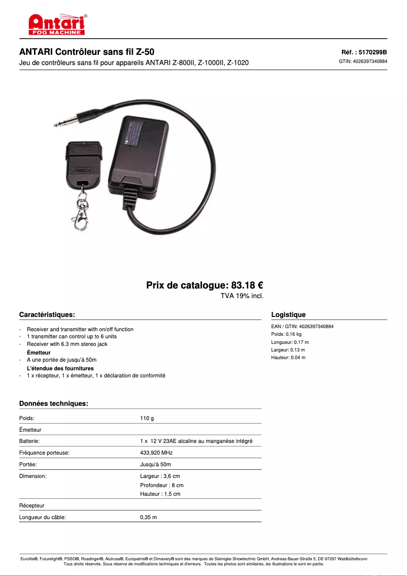 Página 1 del manual Ficha técnica Antari Z-50