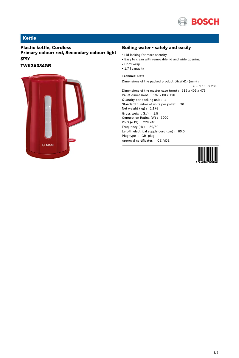 Página 1 del manual Ficha técnica Bosch TWK3A034GB