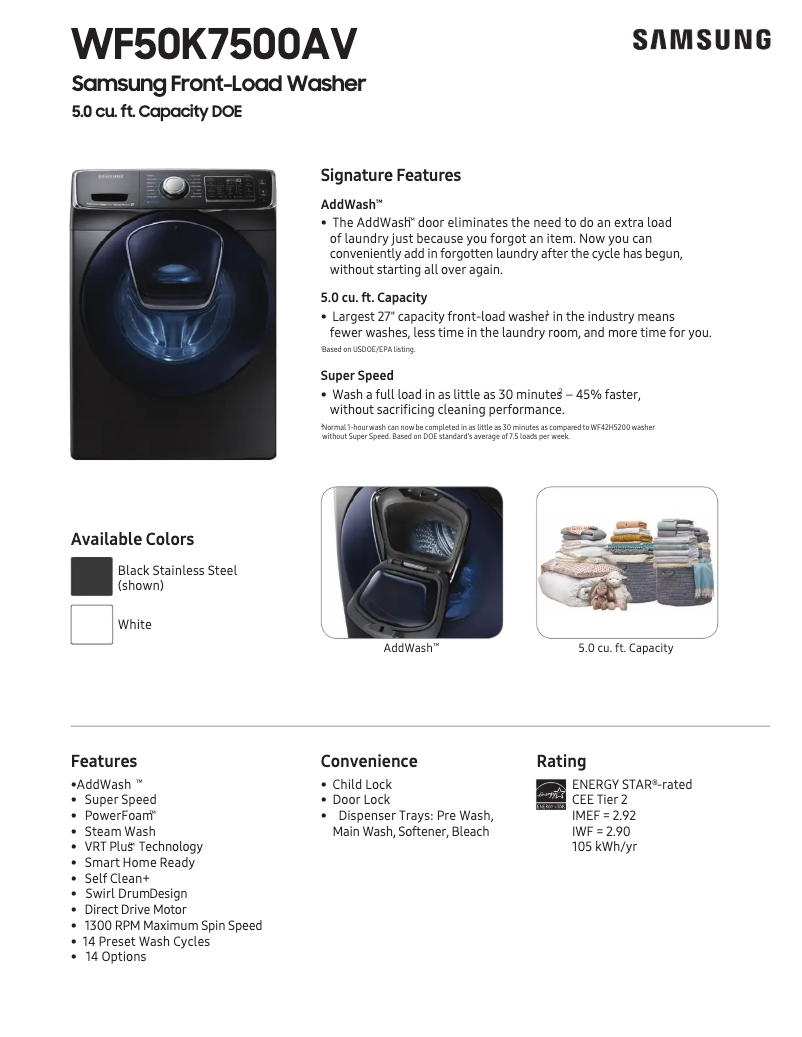 Página 1 del manual Ficha técnica Samsung WF50K7500A