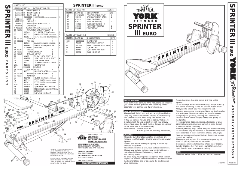 Página nº 1 - Manual de usuario York Fitness Sprinter III Euro