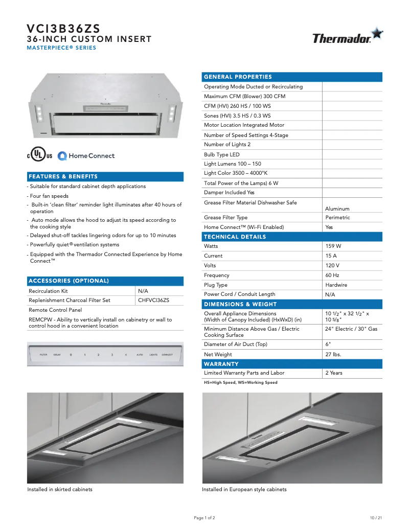 Página 1 del manual Ficha técnica Thermador VCI3B36ZS