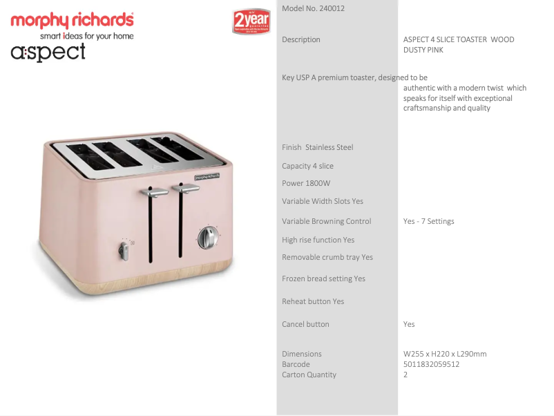 Página 1 del manual Ficha técnica Morphy Richards Aspect 240012