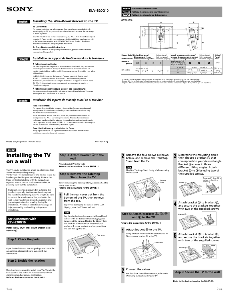 Imagen de la primera página del manual del dispositivo Wega KLV-S20G10