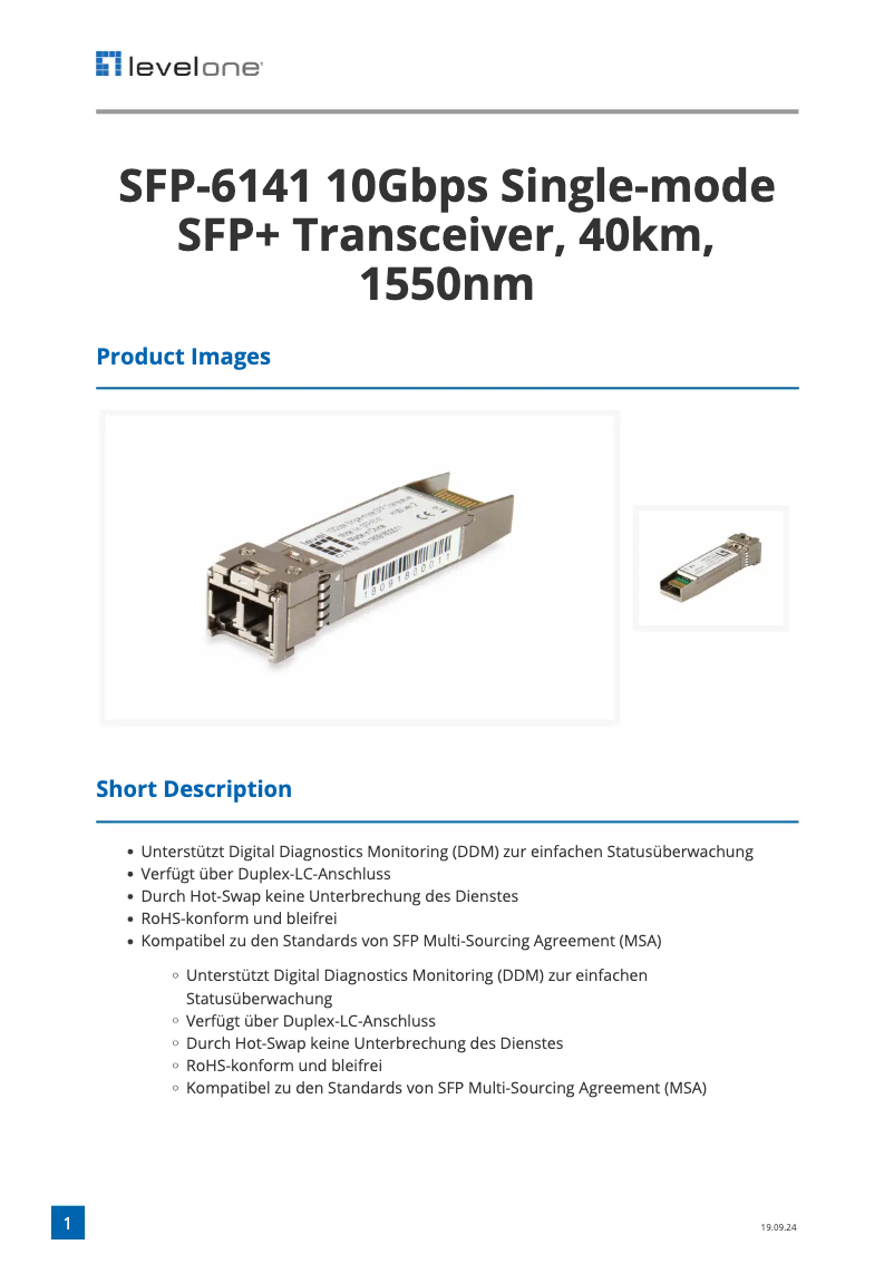 Página 1 del manual Ficha técnica LevelOne SFP-6141