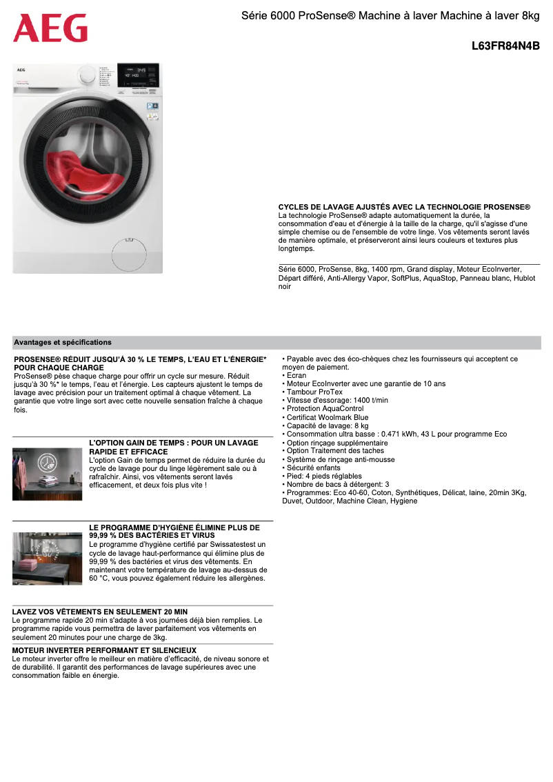 Página 1 del manual Ficha técnica AEG L63FR84N4B