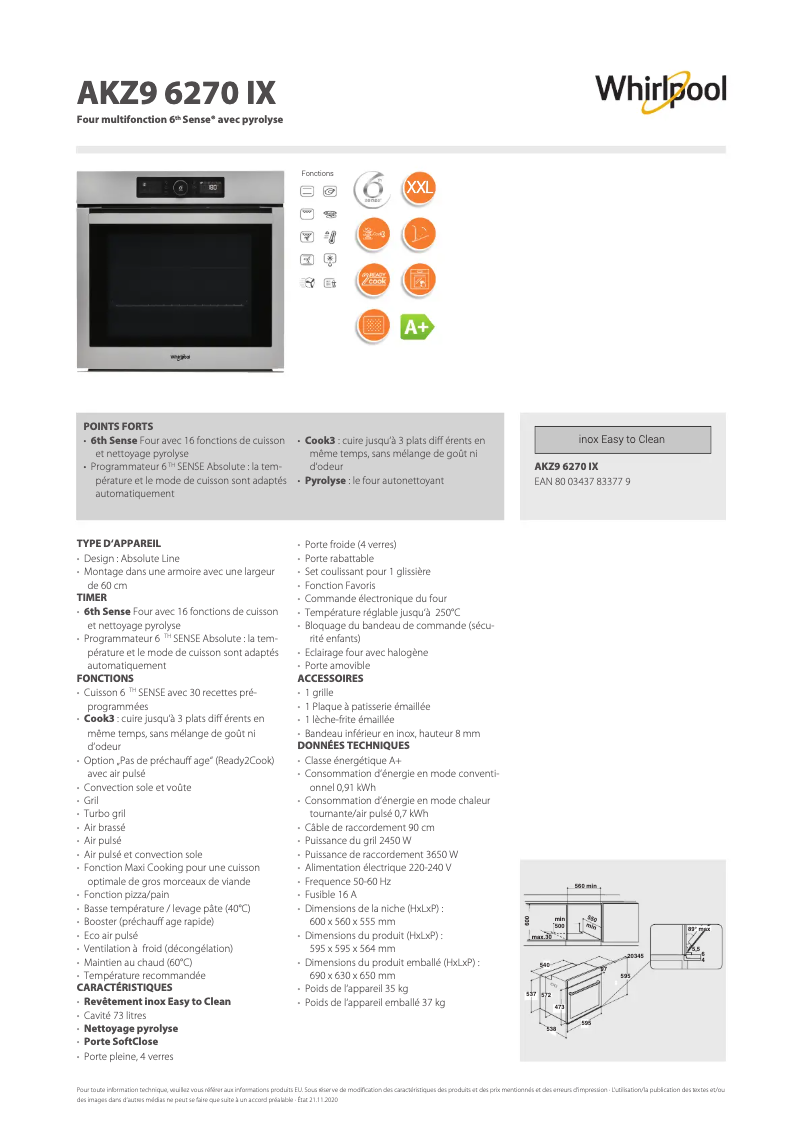 Página 1 del manual Ficha técnica Whirlpool AKZ9 6270 IX
