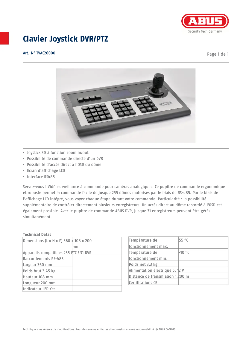 Página 1 del manual Ficha técnica Abus TVAC26000