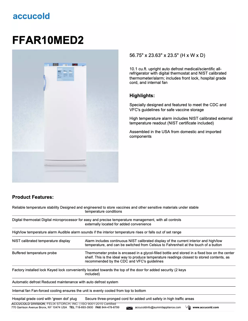Página 1 del manual Ficha técnica Summit Accucold FFAR10MED2