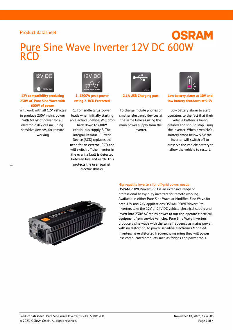 Imagen de la primera página del manual del dispositivo Pure Sine Wave 12V DC 600W RCD