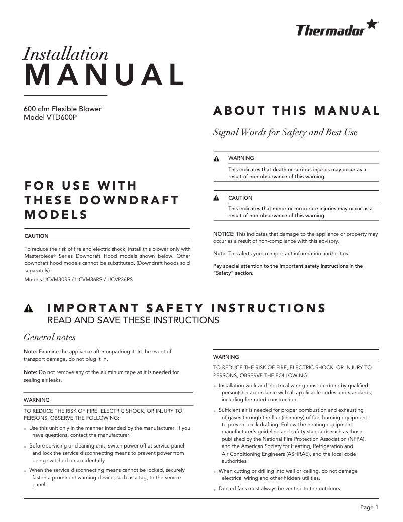 Página 1 del manual Guía de instalación Thermador VTD600P