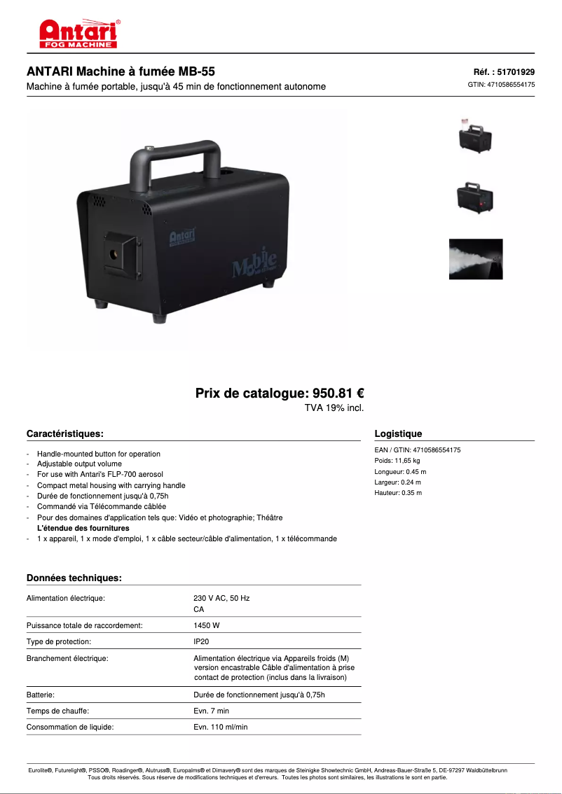 Página 1 del manual Ficha técnica Antari MB-55