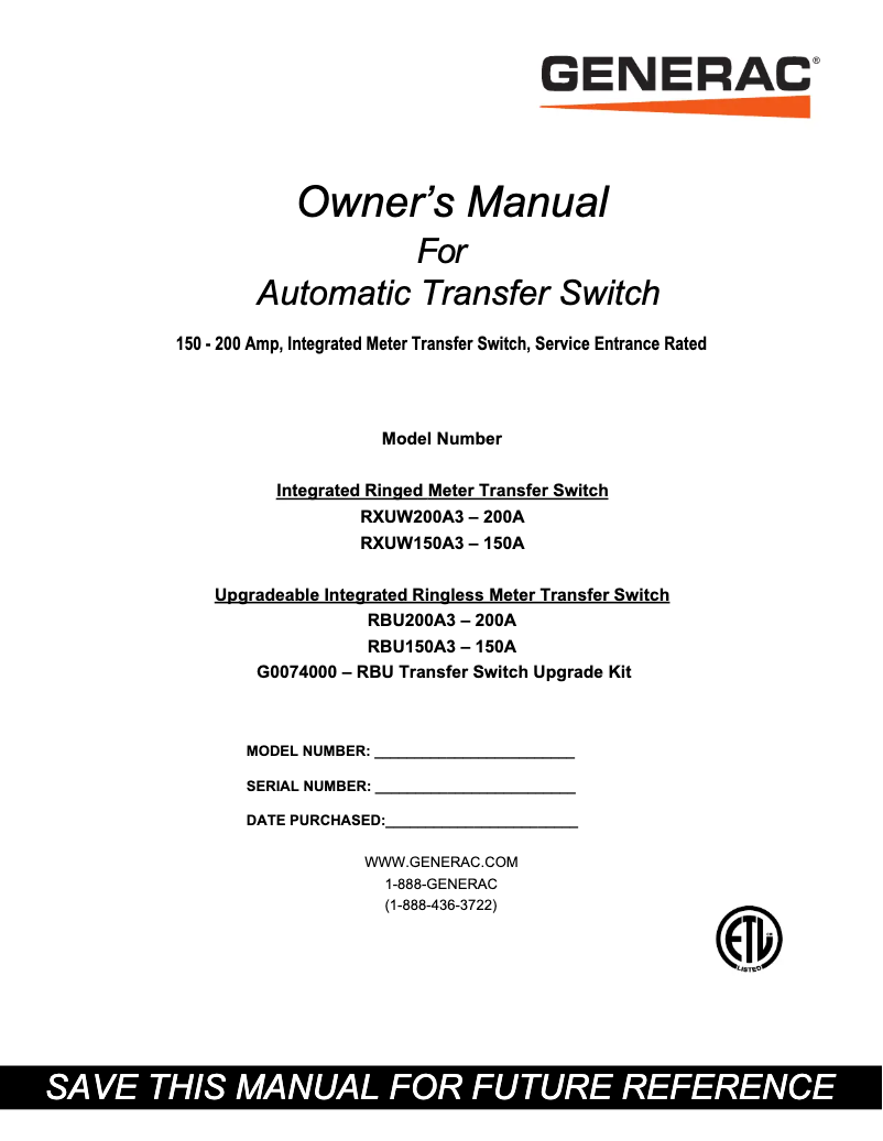 Página nº 1 - Manual de usuario Generac RXUW200A3
